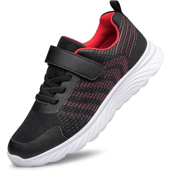 Kids Black Red Lightweight Breathable Athletic Running Tennis Fitness Sneakers - Picture 1 of 6